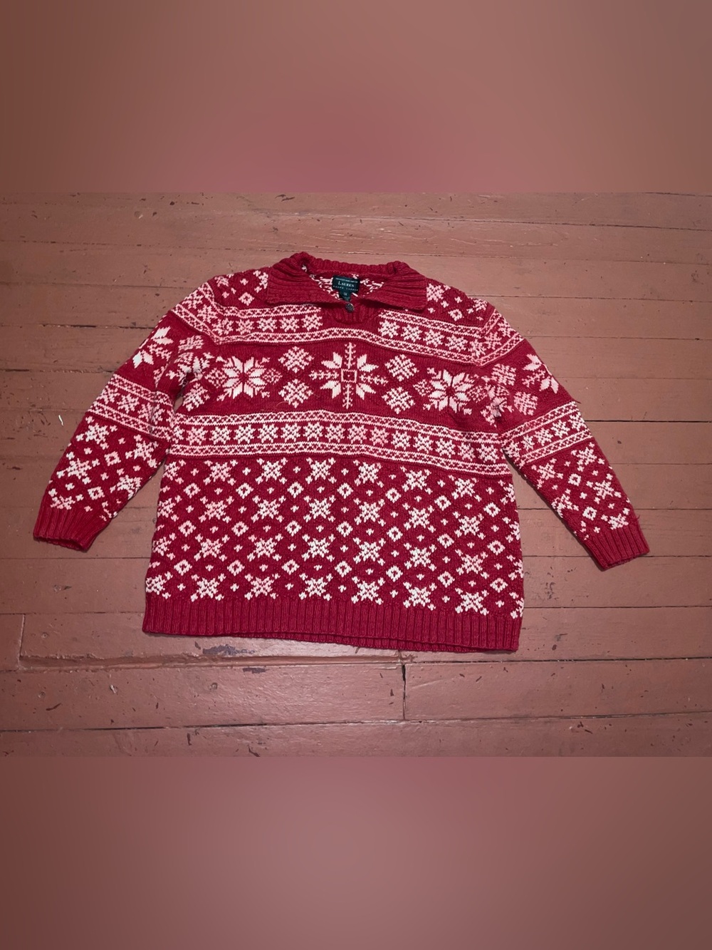 Lauren Ralph Lauren Red and White Fair Isle Crewneck Sweater